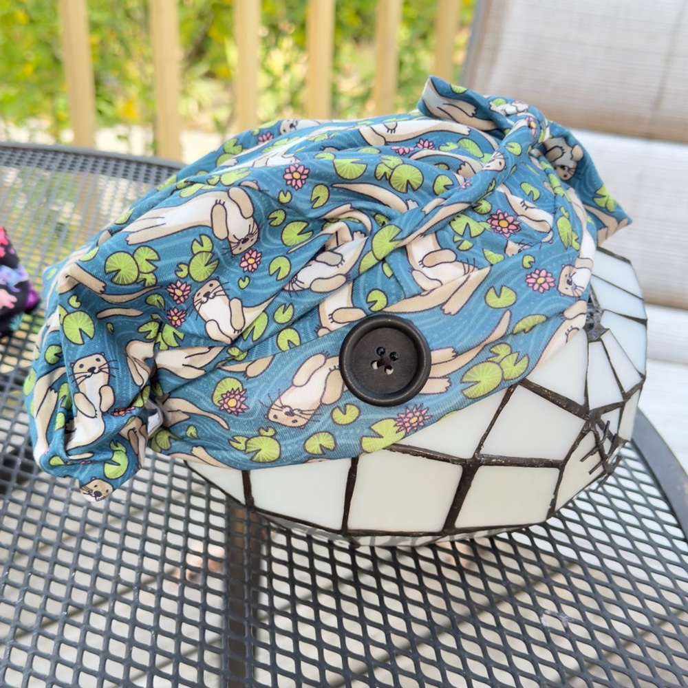 Scrub cap with/ buttons - stretchy ties from back- adorable lazy otters